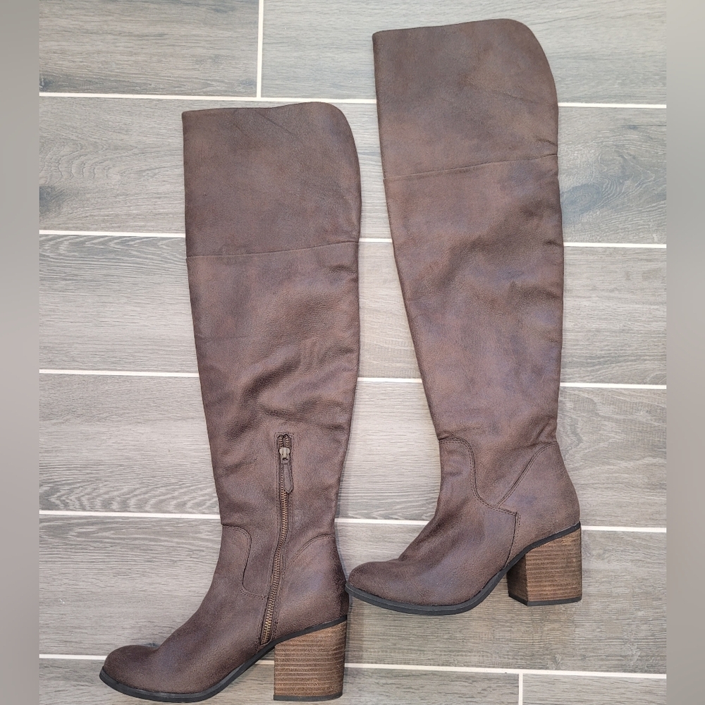 Hinge Boots Canton Brown Over The Knee Distressed 3" Chunky Block Heel S… - Picture 2 of 11
